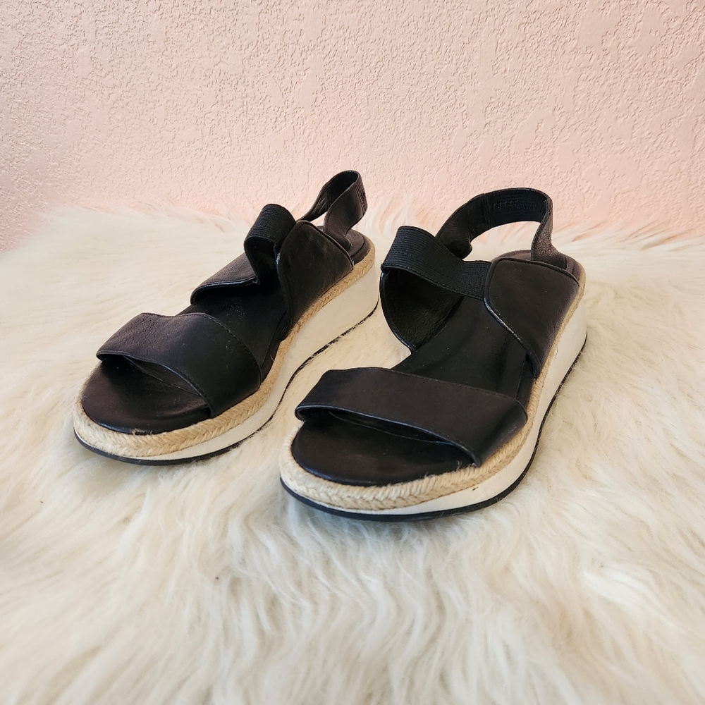 Eileen Fisher Black Dash Slingback Wedge Leather Sandal Shoes